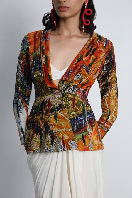 Shop_Forty Four_White Crepe, Cotton, Lycra V-neck Multi Color Hand Embroidered Jacket Set _Online_at_Aza_Fashions