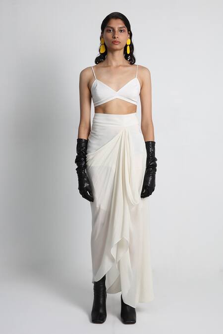 Buy_Forty Four_White Crepe, Cotton, Lycra V-neck Multi Color Hand Embroidered Jacket Set 