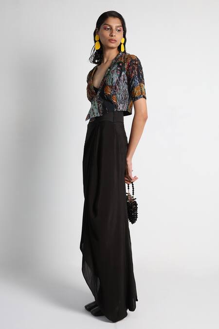 Shop_Forty Four_Black Crepe, Cotton, Lycra V-neck Multi Color Hand Embroidered Jacket Set _Online_at_Aza_Fashions