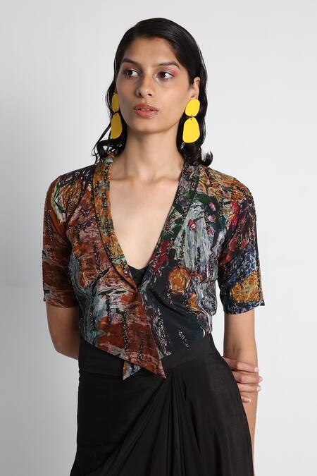 Buy_Forty Four_Black Crepe, Cotton, Lycra V-neck Multi Color Hand Embroidered Jacket Set 