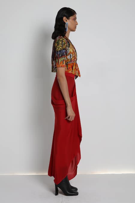 Forty Four_Multi Color Crepe, Cotton, Lycra V-, Scoop Hand Embroidered Jacket Set _at_Aza_Fashions