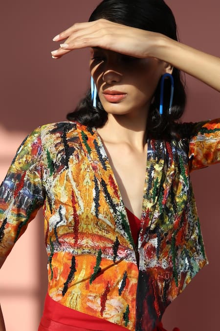 Buy_Forty Four_Multi Color Crepe, Cotton, Lycra V-, Scoop Hand Embroidered Jacket Set 