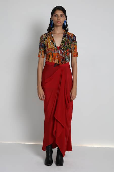 Shop_Forty Four_Multi Color Crepe, Cotton, Lycra V-, Scoop Hand Embroidered Jacket Set 