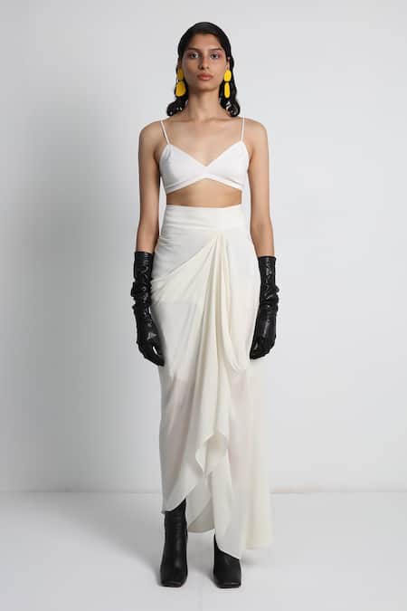 Forty Four_White Crepe, Cotton, Lycra Embroidery Multi Color Draped Skirt And Jacket Set _Online_at_Aza_Fashions