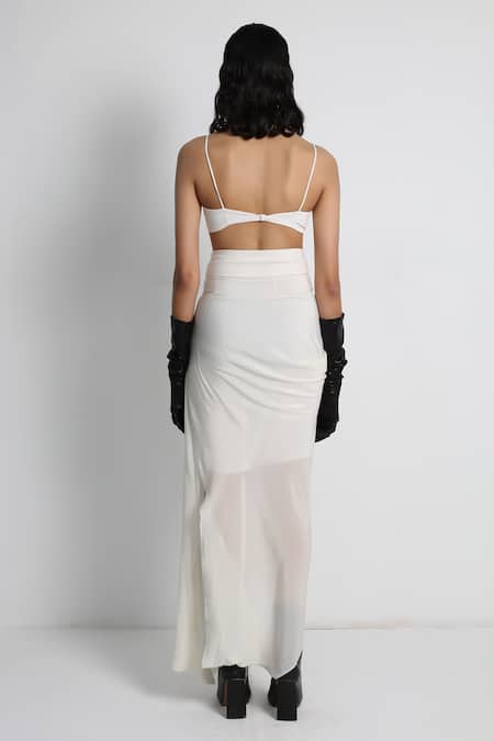 Buy_Forty Four_White Crepe, Cotton, Lycra Embroidery Multi Color Draped Skirt And Jacket Set _Online_at_Aza_Fashions