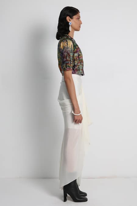 Shop_Forty Four_White Crepe, Cotton, Lycra Embroidery Multi Color Draped Skirt And Jacket Set _Online_at_Aza_Fashions