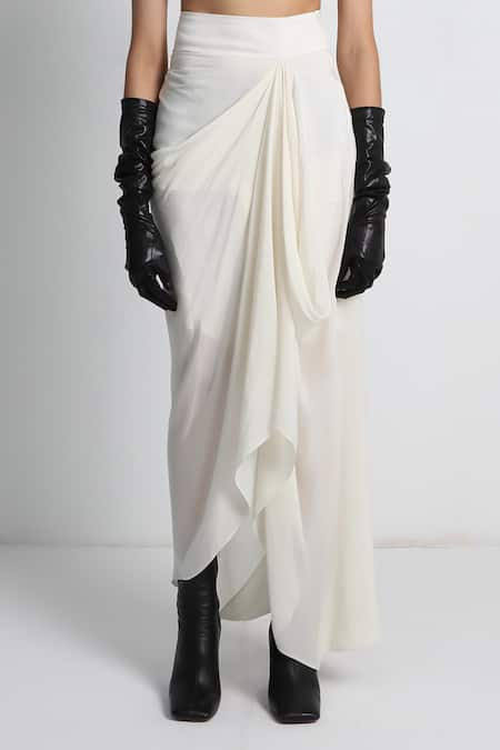 Forty Four_White Crepe, Cotton, Lycra Embroidery Multi Color Draped Skirt And Jacket Set _at_Aza_Fashions