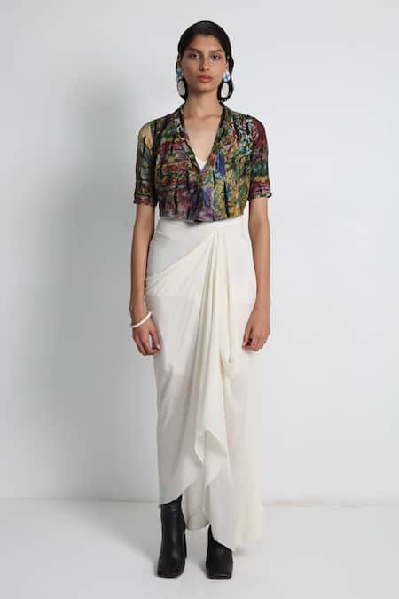 Forty Four Multi Color Draped Skirt & Jacket Set 