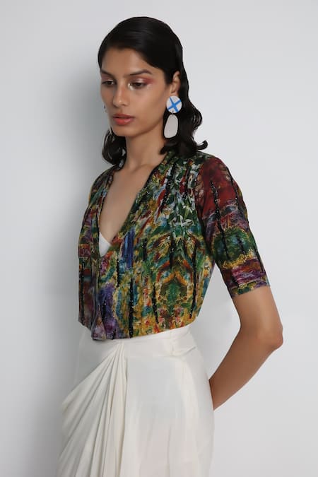 Buy_Forty Four_White Crepe, Cotton, Lycra Embroidery Multi Color Draped Skirt And Jacket Set 