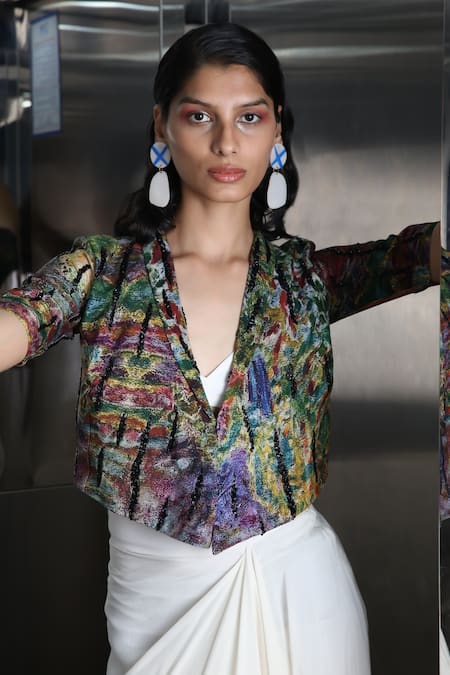 Shop_Forty Four_White Crepe, Cotton, Lycra Embroidery Multi Color Draped Skirt And Jacket Set 