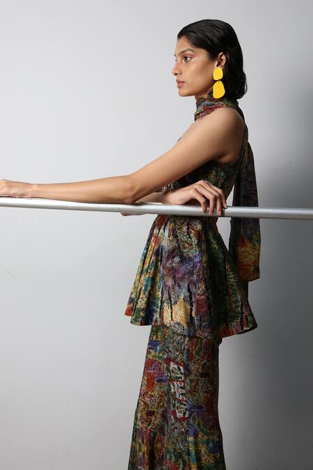 Forty Four_Multi Color Crepe Embroidery Square Neck Hand Tunic Sharara Set _Online_at_Aza_Fashions