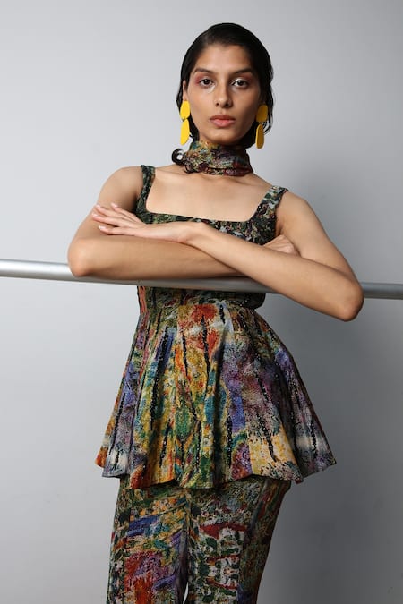 Buy_Forty Four_Multi Color Crepe Embroidery Square Neck Hand Tunic Sharara Set _Online_at_Aza_Fashions