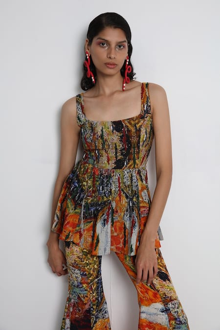 Buy_Forty Four_Multi Color Crepe Embroidery Square Neck Hand Tunic Sharara Set _Online_at_Aza_Fashions