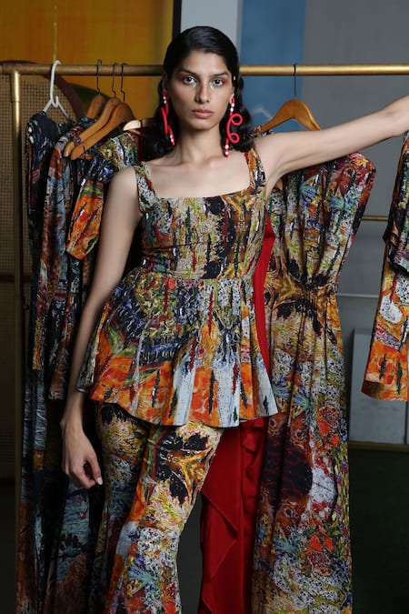 Shop_Forty Four_Multi Color Crepe Embroidery Square Neck Hand Tunic Sharara Set _Online_at_Aza_Fashions