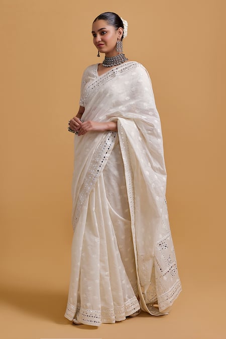 Gulabo By Abu Sandeep_Off White Cotton Embroidery V-neck Designer Saree Blouse _Online_at_Aza_Fashions