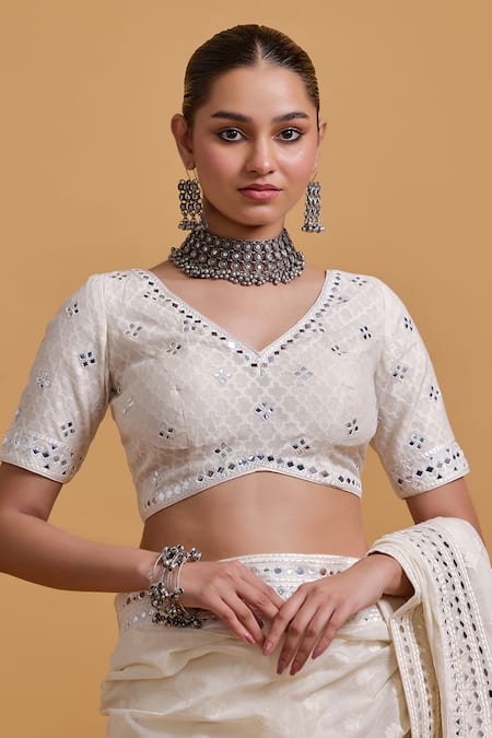 Buy_Gulabo By Abu Sandeep_Off White Cotton Embroidery V-neck Designer Saree Blouse _Online_at_Aza_Fashions