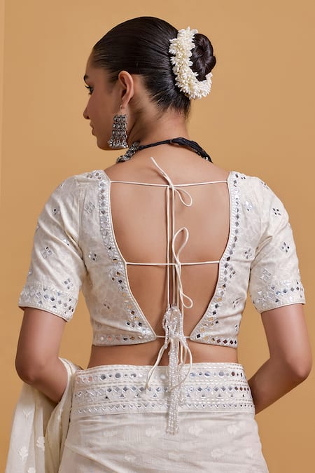 Gulabo By Abu Sandeep_Off White Cotton Embroidery V-neck Designer Saree Blouse _at_Aza_Fashions