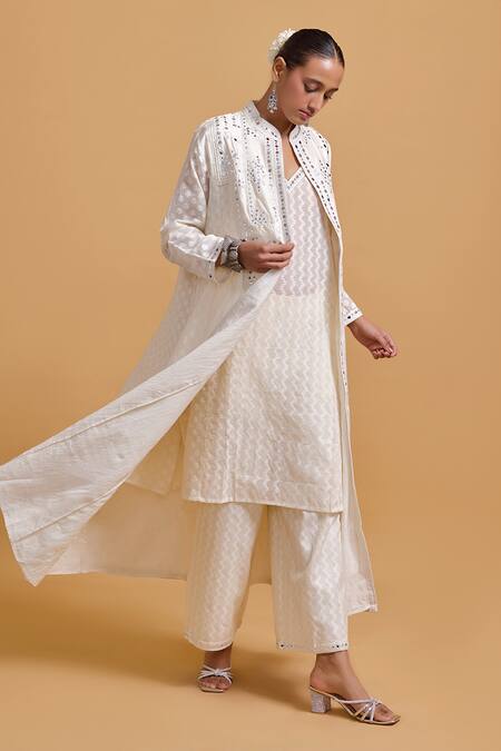 Gulabo By Abu Sandeep_Off White Cotton Sequins, Mirrors Round Neck, Designer Jacket And Kurta Set _Online_at_Aza_Fashions