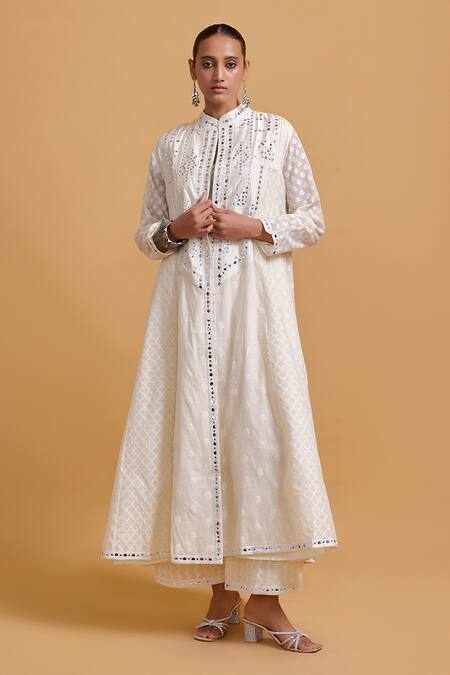 Buy_Gulabo By Abu Sandeep_Off White Cotton Sequins, Mirrors Round Neck, Designer Jacket And Kurta Set _Online_at_Aza_Fashions