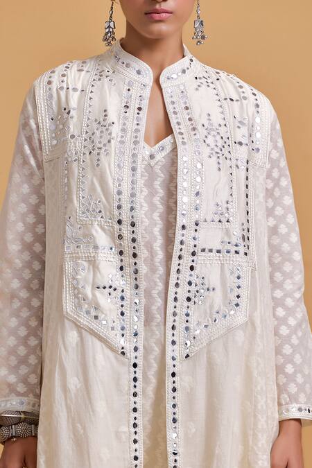 Shop_Gulabo By Abu Sandeep_Off White Cotton Sequins, Mirrors Round Neck, Designer Jacket And Kurta Set _Online_at_Aza_Fashions