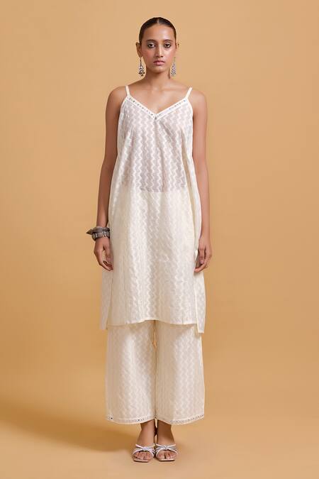 Gulabo By Abu Sandeep_Off White Cotton Sequins, Mirrors Round Neck, Designer Jacket And Kurta Set _at_Aza_Fashions