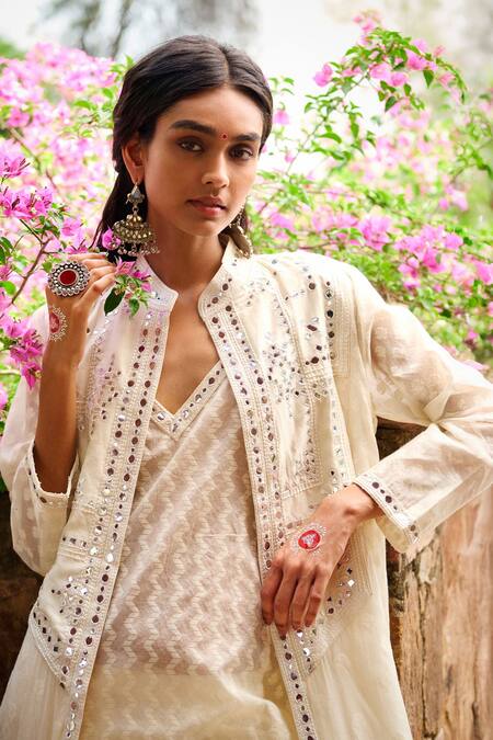 Buy_Gulabo By Abu Sandeep_Off White Cotton Sequins, Mirrors Round Neck, Designer Jacket And Kurta Set 