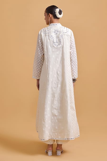 Shop_Gulabo By Abu Sandeep_Off White Cotton Sequins, Mirrors Round Neck, Designer Jacket And Kurta Set _at_Aza_Fashions