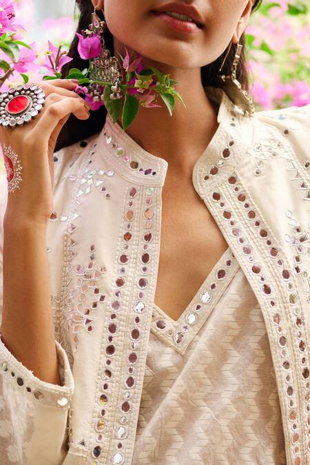 Shop_Gulabo By Abu Sandeep_Off White Cotton Sequins, Mirrors Round Neck, Designer Jacket And Kurta Set 