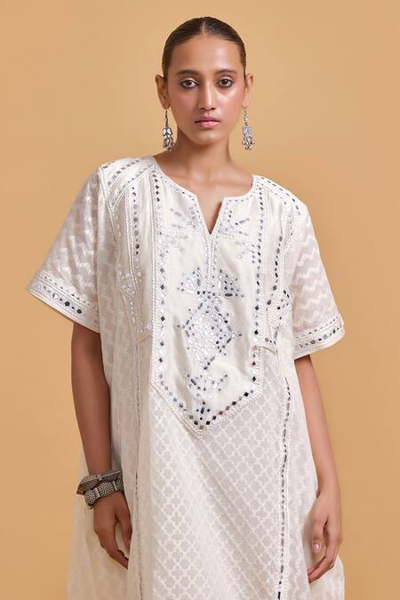 Shop_Gulabo By Abu Sandeep_Off White Cotton Embroidery V-neck Kaftan Set _Online_at_Aza_Fashions