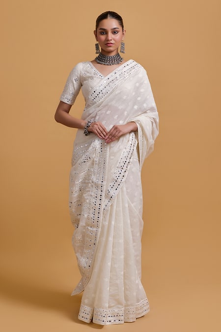 Shop Gulabo By Abu Sandeep Off White Cotton Embroidery, Mirrors Designer Saree Online at Aza Fashions Shop_Gulabo By Abu Sandeep_Off White Cotton Embroidery, Mirrors Designer Saree _Online_at_Aza_Fashions