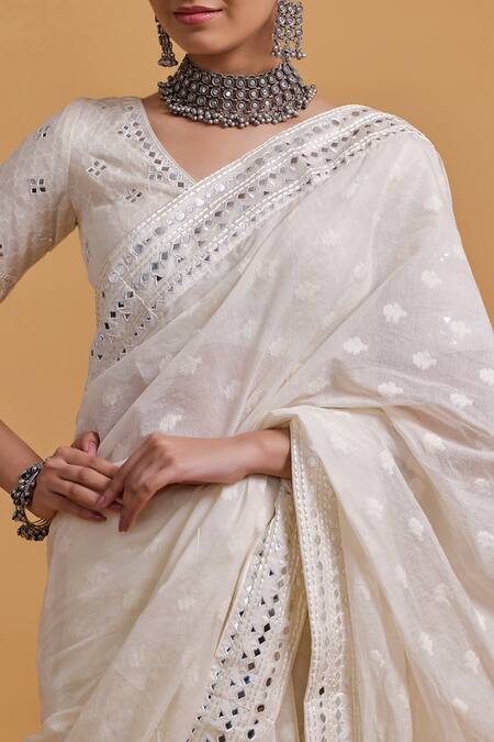 Gulabo By Abu Sandeep Off White Cotton Embroidery, Mirrors Designer Saree at Aza Fashions Gulabo By Abu Sandeep_Off White Cotton Embroidery, Mirrors Designer Saree _at_Aza_Fashions