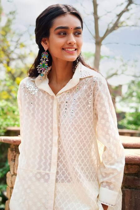 Gulabo By Abu Sandeep Off White Cotton Beads, Embroidery Collared Designer Shirt Online at Aza Fashions Gulabo By Abu Sandeep_Off White Cotton Beads, Embroidery Collared Designer Shirt _Online_at_Aza_Fashions