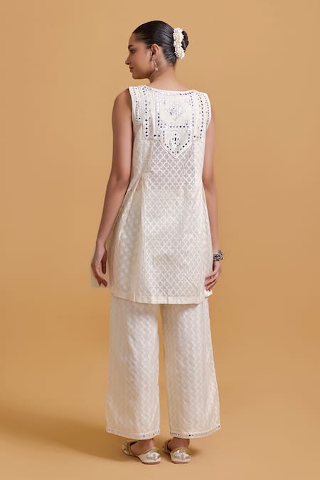 Shop Gulabo By Abu Sandeep Off White Cotton Embroidery, Mirrors Round Neck Kurta at Aza Fashions Shop_Gulabo By Abu Sandeep_Off White Cotton Embroidery, Mirrors Round Neck Kurta _at_Aza_Fashions