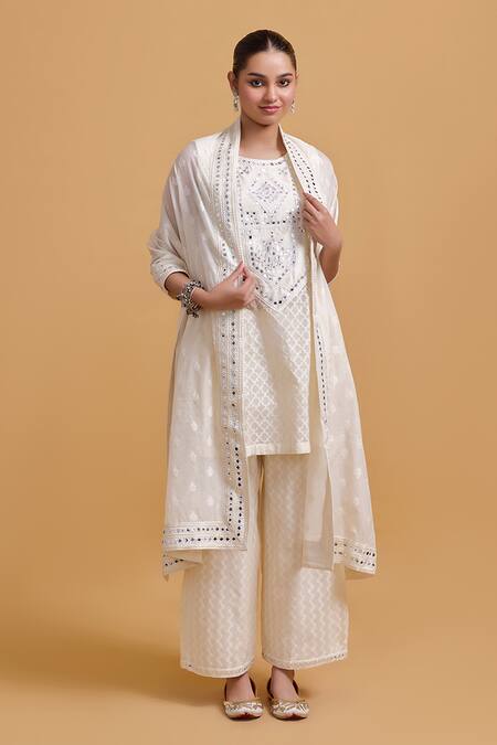 Buy Gulabo By Abu Sandeep Off White Cotton Embroidery, Mirrors Round Neck Kurta Online at Aza Fashions Buy_Gulabo By Abu Sandeep_Off White Cotton Embroidery, Mirrors Round Neck Kurta _Online_at_Aza_Fashions