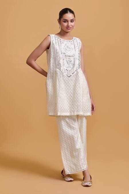 Shop Gulabo By Abu Sandeep Off White Cotton Embroidery, Mirrors Round Neck Kurta Online at Aza Fashions Shop_Gulabo By Abu Sandeep_Off White Cotton Embroidery, Mirrors Round Neck Kurta _Online_at_Aza_Fashions