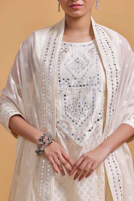 Gulabo By Abu Sandeep Off White Cotton Embroidery, Mirrors Round Neck Kurta at Aza Fashions Gulabo By Abu Sandeep_Off White Cotton Embroidery, Mirrors Round Neck Kurta _at_Aza_Fashions