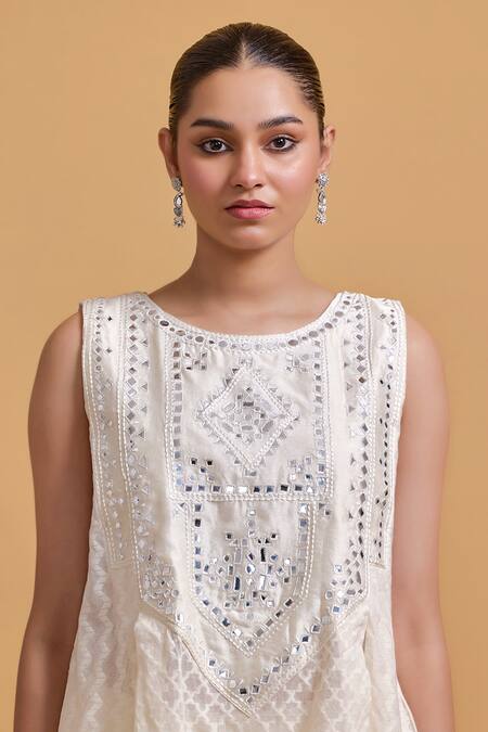 Buy Gulabo By Abu Sandeep Off White Cotton Embroidery, Mirrors Round Neck Kurta Buy_Gulabo By Abu Sandeep_Off White Cotton Embroidery, Mirrors Round Neck Kurta