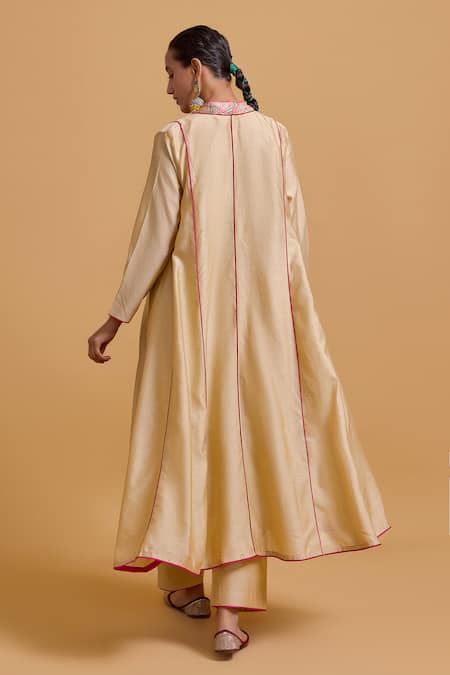 Gulabo By Abu Sandeep Beige Chanderi Jacket Kurta Pant Set 