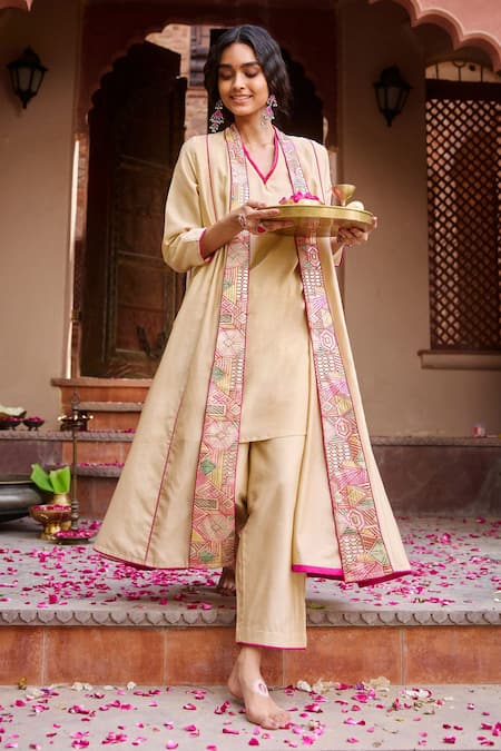 Gulabo by Abu Sandeep Beige Chanderi Jacket Kurta Pant Set 