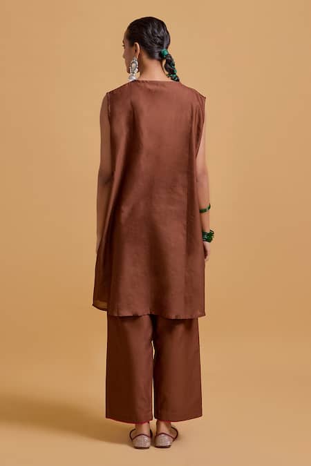 Gulabo By Abu Sandeep Brown Chanderi Jacket Kurta Pant Set 