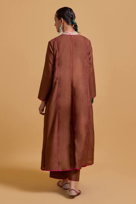 Buy_Gulabo By Abu Sandeep_Brown Chanderi V-, Round Jacket Kurta Pant Set _Online_at_Aza_Fashions