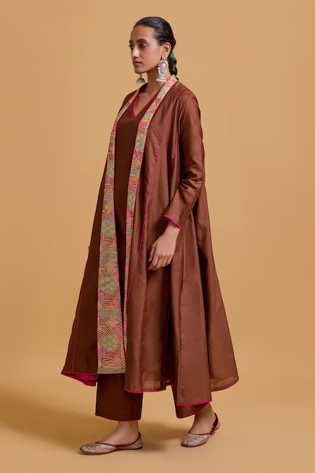 Shop_Gulabo By Abu Sandeep_Brown Chanderi V-, Round Jacket Kurta Pant Set _Online_at_Aza_Fashions