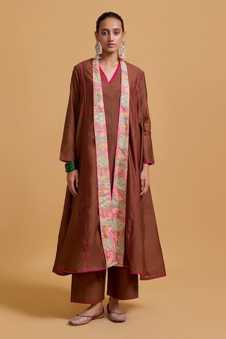 Gulabo by Abu Sandeep Brown Chanderi Jacket Kurta Pant Set 