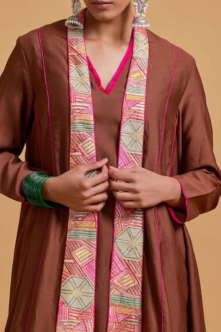 Buy_Gulabo By Abu Sandeep_Brown Chanderi V-, Round Jacket Kurta Pant Set 