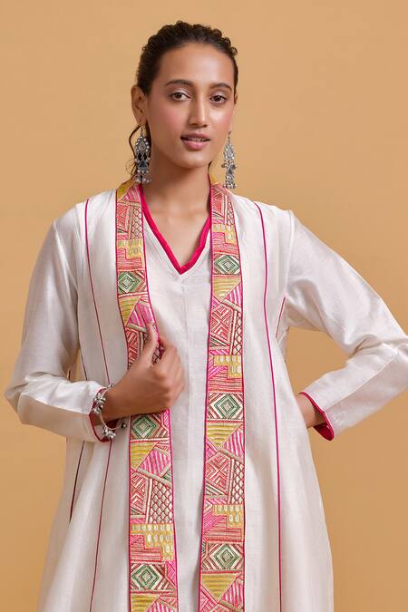 Shop_Gulabo By Abu Sandeep_Off White Chanderi Embroidery V-, Round Jacket Kurta Pant Set _Online_at_Aza_Fashions