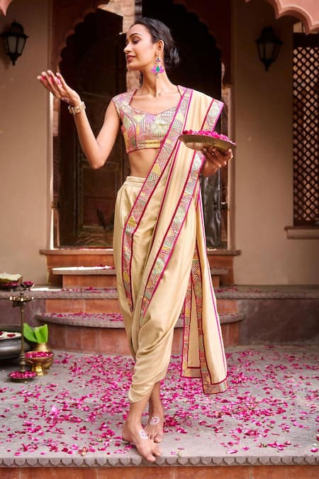 Gulabo by Abu Sandeep Beige Chanderi Pre-Draped Dhoti Saree 