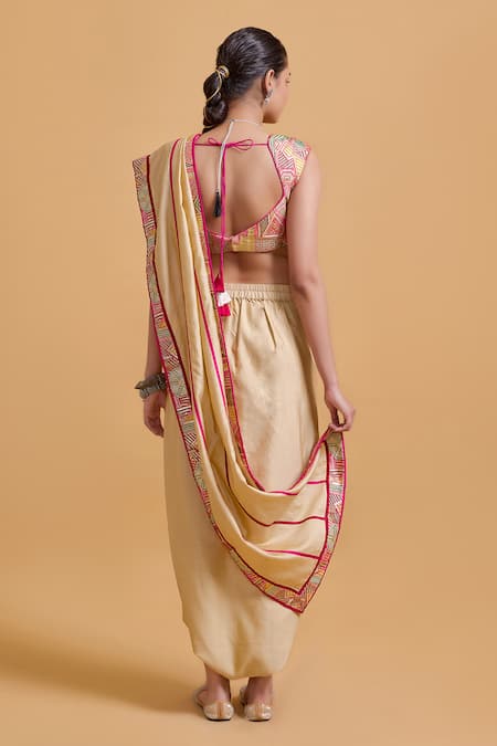Gulabo By Abu Sandeep Beige Chanderi Pre-Draped Dhoti Saree 