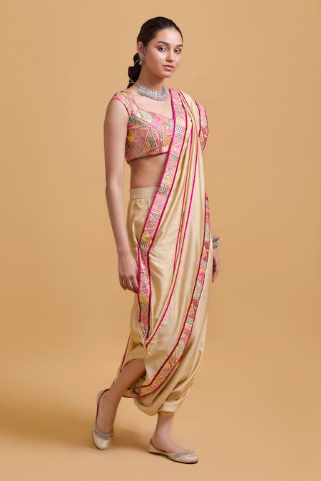 Gulabo By Abu Sandeep_Beige Chanderi Embroidery Pre-draped Dhoti Saree _Online_at_Aza_Fashions