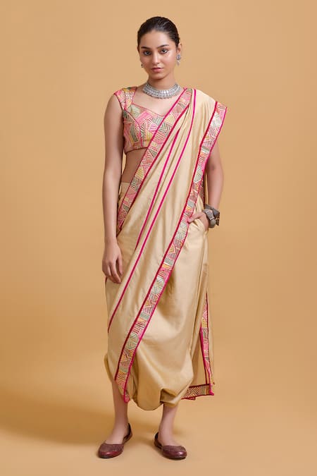 Buy_Gulabo By Abu Sandeep_Beige Chanderi Embroidery Pre-draped Dhoti Saree _Online_at_Aza_Fashions