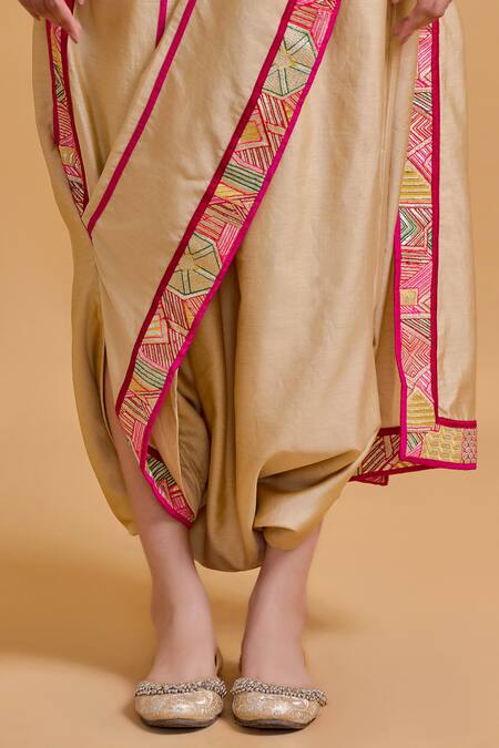 Shop_Gulabo By Abu Sandeep_Beige Chanderi Embroidery Pre-draped Dhoti Saree _Online_at_Aza_Fashions